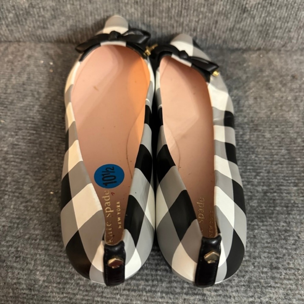 Kate Spade New York Plaid Pointed Toe Ballet Flats Black White Grey Bow 10.5M - Picture 6 of 10